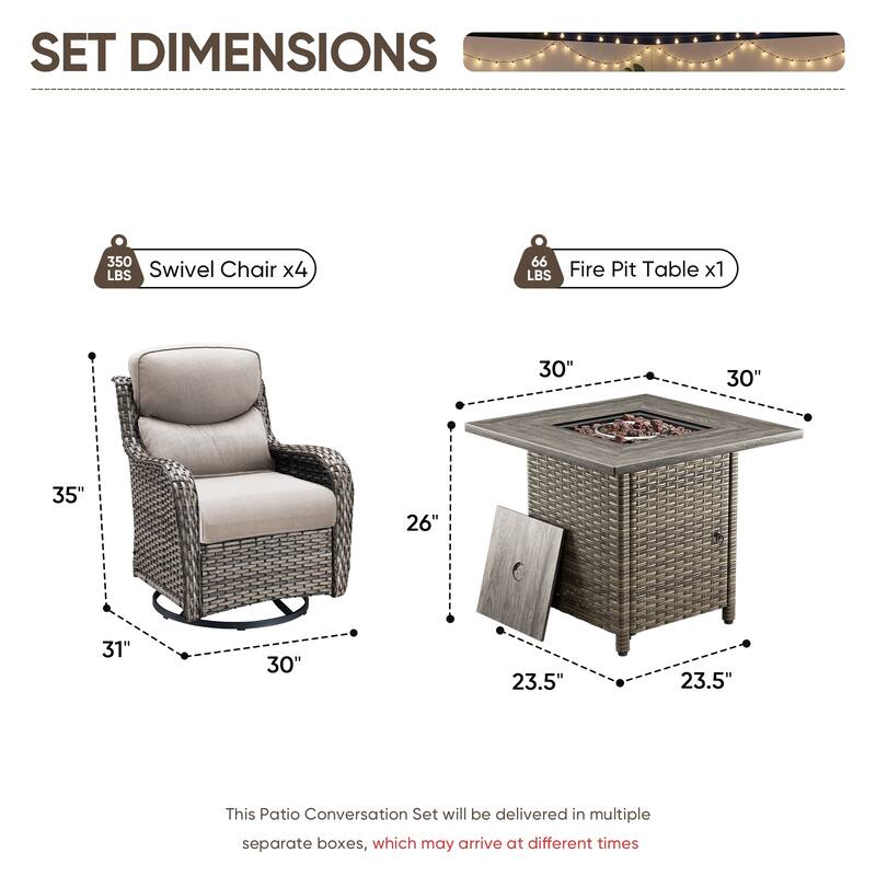 Pocassy Outdoor Propane Fire Pit Table with Sofa Swivel Chair Funiture Set.