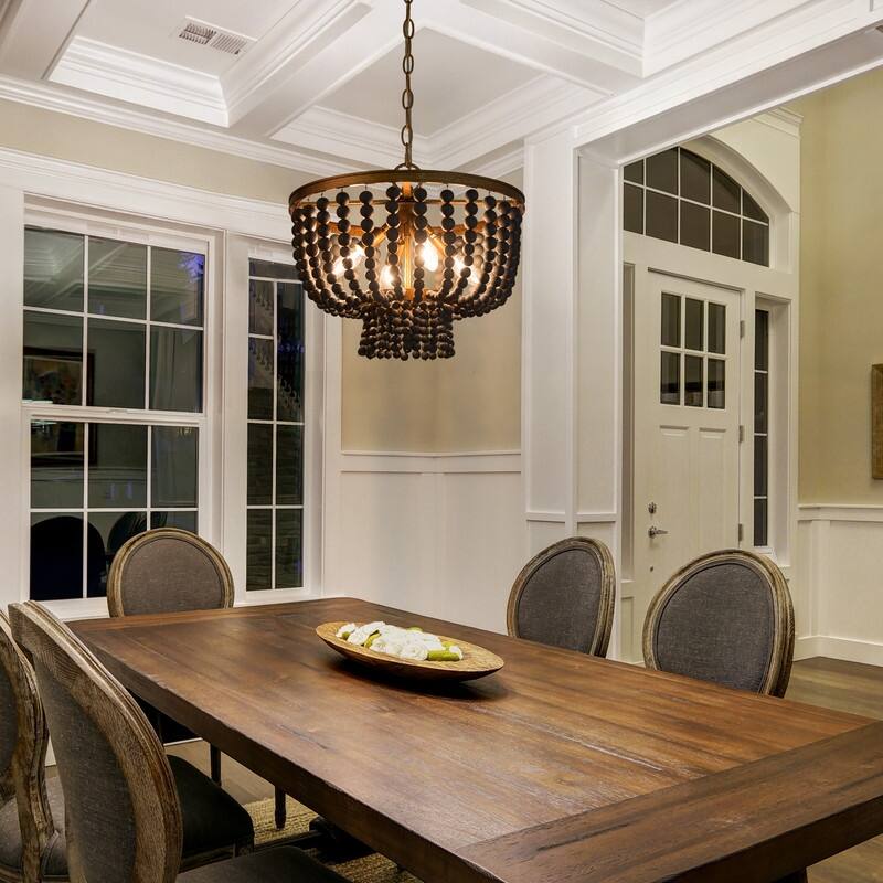 Mid-century Modern Boho Wood Beads Drum Chandelier 4-Light Farmhouse Distressed Pendant for Dining Room/ Foyer