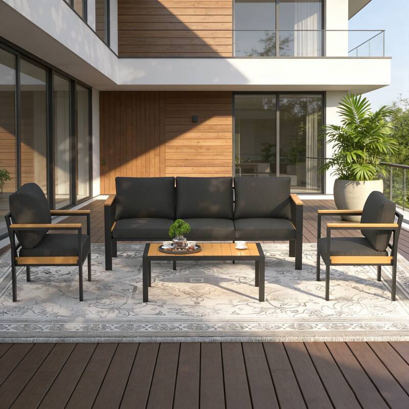 4/5/7-Piece Patio Conversation Set with Table, All-Weather Aluminum Furniture for Outdoor Living - Gray/Black - Set 4A - Black