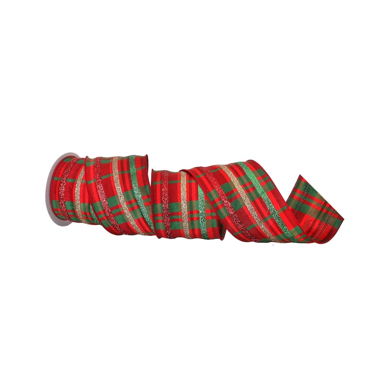 4"X10y Glitter Striped Plaid Wired Ribbon - 4" x 10 Yards