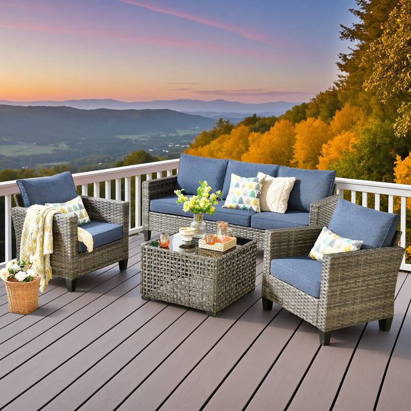 XIZZI Outdoor Wicker Patio Furniture Conversation Set - Denim Blue