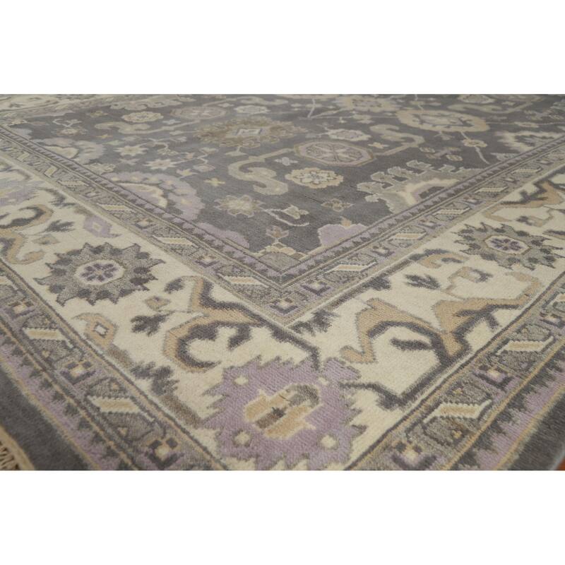 Gray Geometric Oushak Indian Area Rug Hand-Knotted Wool Carpet - 8'8" x 11'10" - Grey - 8'8" x 11'10"