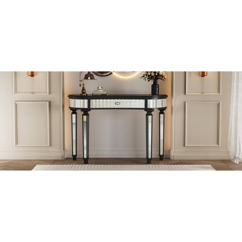 Roomfitters 47" Half-Moon Mirrored Console Table, Fluted Glass Entryway Vanity with Crystal Knob Drawer