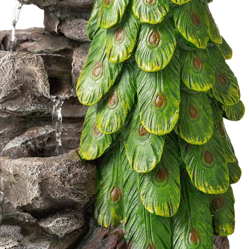 Glitzhome 20.5"H 4-Tierd Lighted Peacock Stacked Stones Polyresin Outdoor Floor Fountain