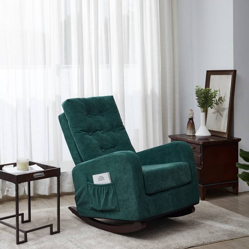 Modern 28.74" High Back Upholstered Buttons Tufted Rocking Chair with Solid Wood Legs and Side Pocket