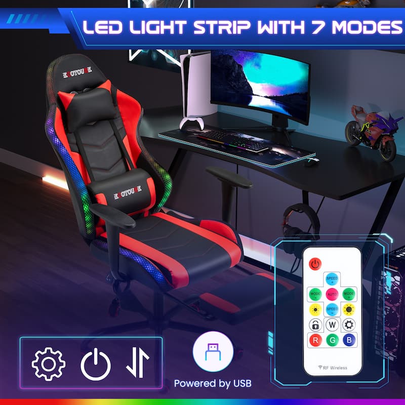 EROMMY RGB LED Gaming Chair with Massage Lumbar Support & Footrest, Ergonomic Reclining Computer Chair for Adults