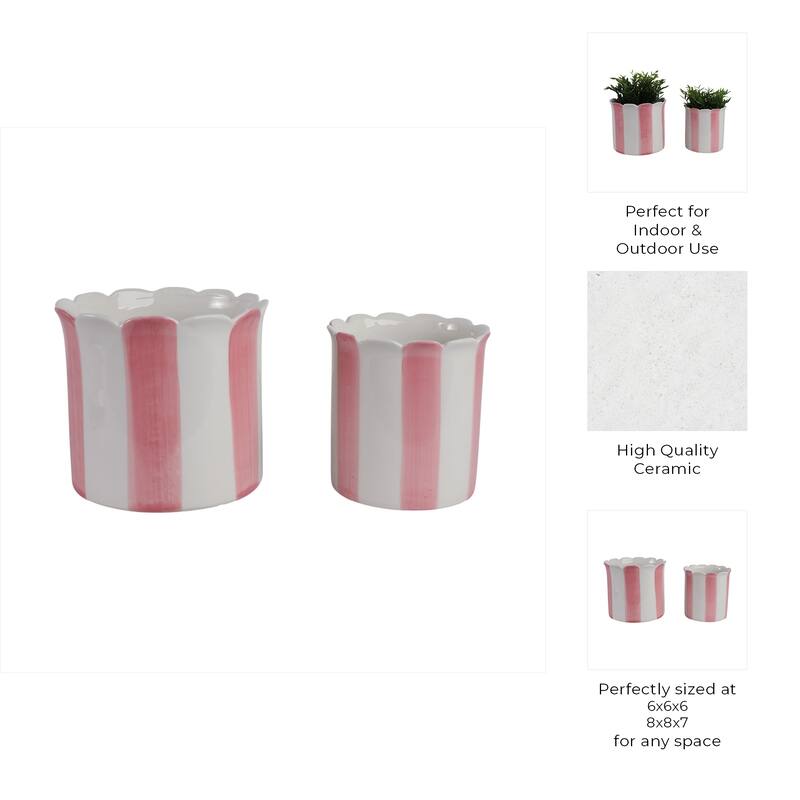 Ceramic Planter Scalloped Edge and Vertical Textured Design (Set of 2) - 8" x 8" x 7"