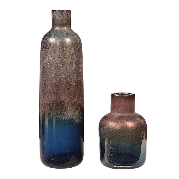Set of 2 Blue and Bronze Blown Glass Vases 18" - N/A