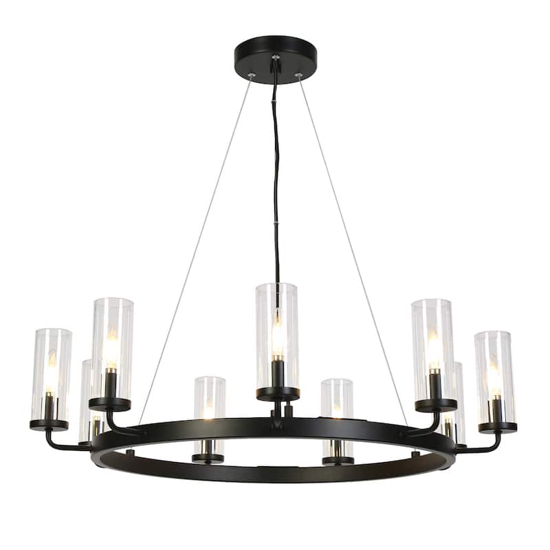 Modern Farmhouse 9-Light Black Wheel Chandelier Glass Metal Ceiling Lights for Dining Living Room - D31" x H8.7"