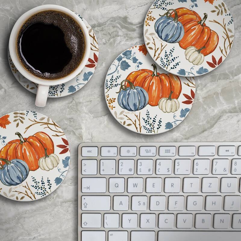 Autumn Pumpkins 4 Pack Absorbent Stone Tumbled Tile Coasters with Cork Backing 4" Round Made in The USA Absorbent Wipes Clean