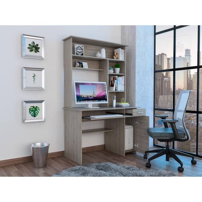 Compu 180 Hutch Desk with 5 Shelves, Retractable Keyboard Tray, CPU Panel, and Drawer