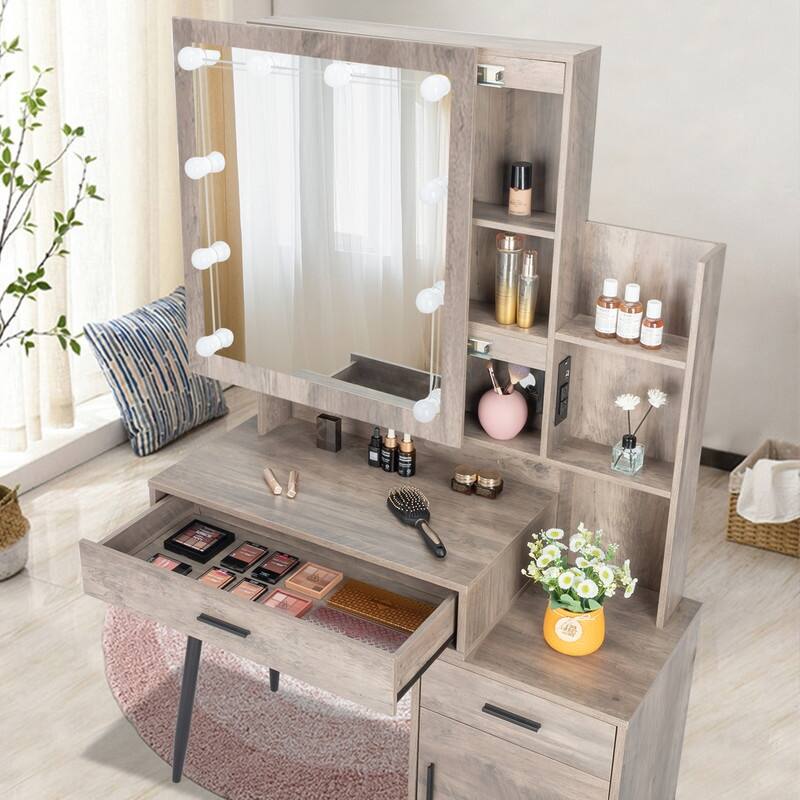 FCH Mirror Cabinet 3 Modes Lighting Dressing Table Set Grey