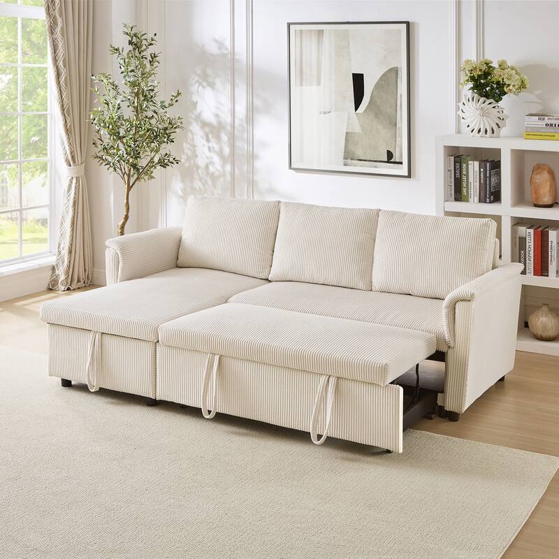 Corduroy L-Shape Sofa Convertible Sofa with Pull Out Sleep Bed