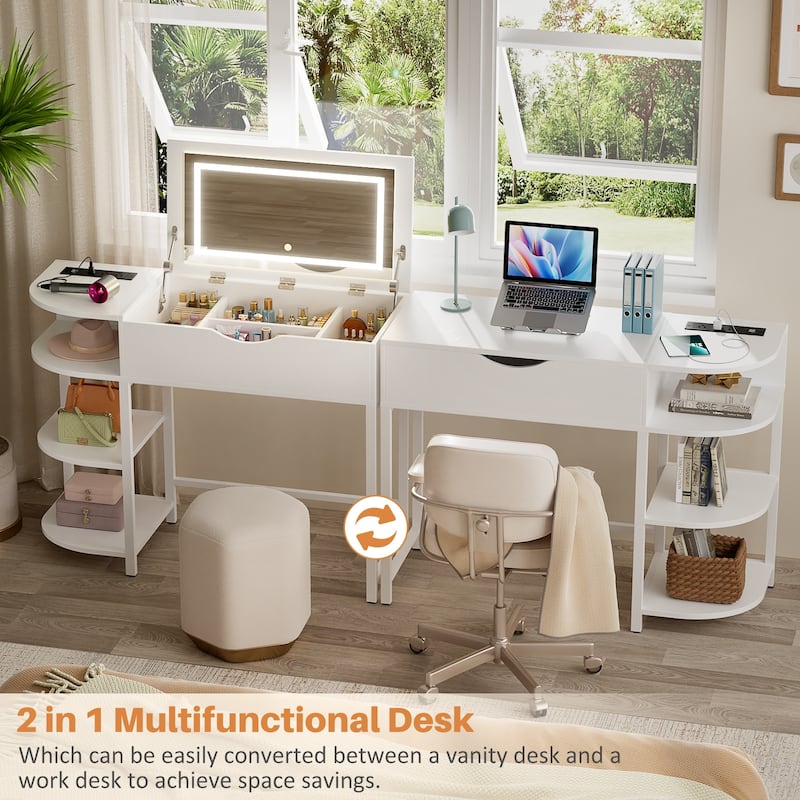 Flip Top Vanity Desk with LED Mirror and Charging Station, Modern Makeup Table with Hiden Storage