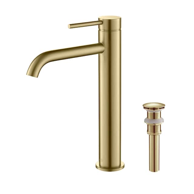 Luxury Solid Brass Single Hole Bathroom Vessel Sink Faucet - Brushed Gold W/ Pop Up Drain