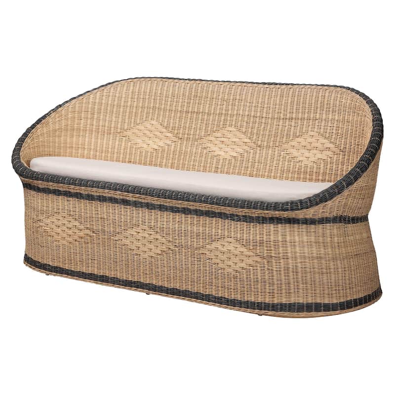 Emiliana Natural Rattan Loveseat - Handwoven Wicker Sofa with Two-Tone Woven Detailing and Cushion, Boho Coastal Seating - Natural Brown/Black