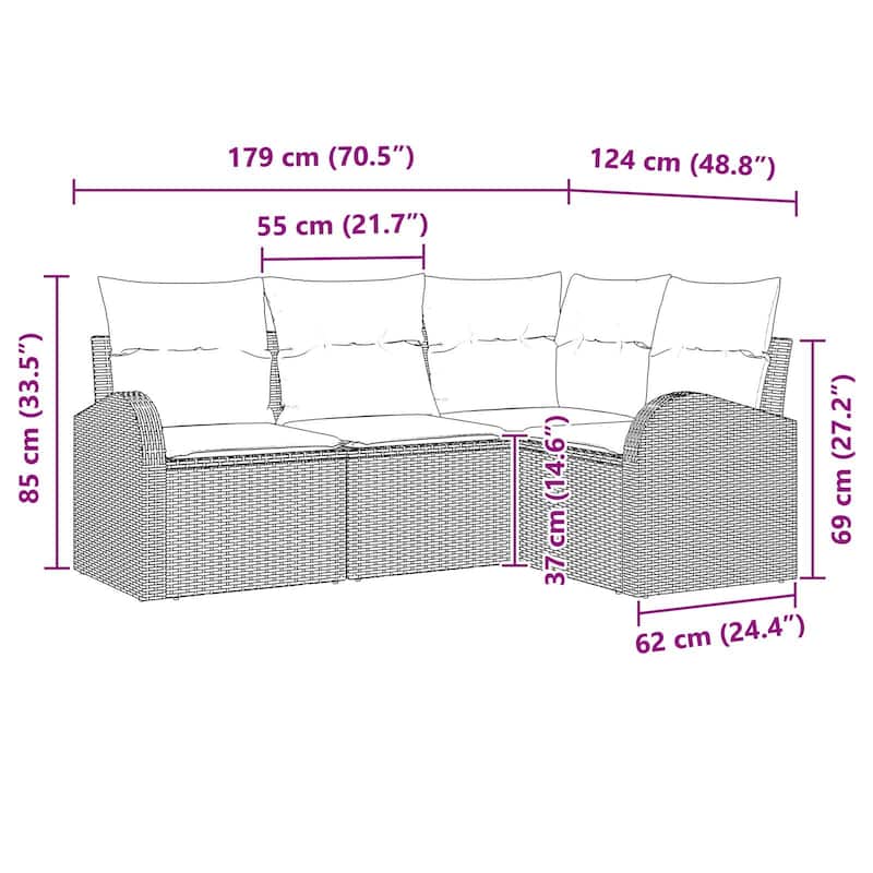 vidaXL 5 Garden Sofa Set with Cushions Black Poly Rattan - 70.5 x 48.8 x 27.2