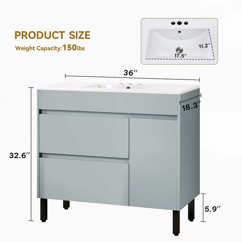 Moasis 36 Inch Freestanding Bathroom Vanity with Ceramic Sink 1 Cabinet and 2 Drawers