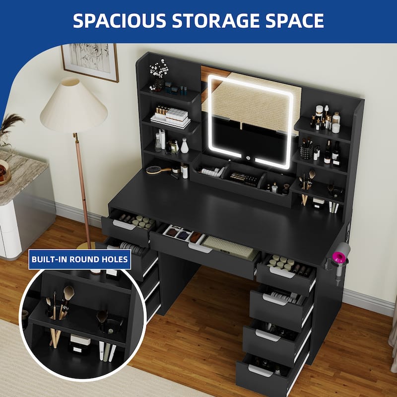 Moasis 9 Drawers Bedroom Vanity Desk,Makeup Vanity with Lighted Mirror and 9 Open Shelves