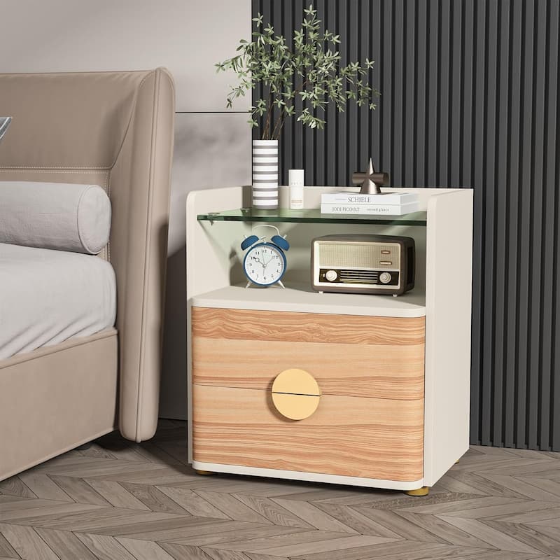 2 Drawer Nightstand with Tempered Glasses Shelf, Bed Side Table