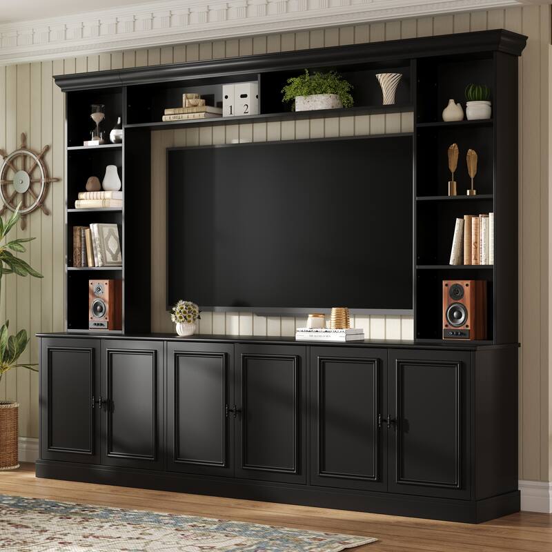 4-Piece Wall Unit Entertainment Center with Bookshelf for TVs Up to 70", Mid-Century Modern 97.4" TV Stand with Adjustable Shelf - Black