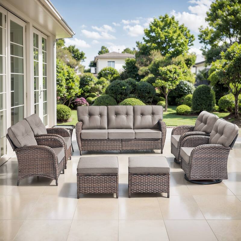 TWrap 8-Piece Patio Brown Wicker Sofa Conversation Set with 5-Inch Thick Cushions - Brown/Gray - 8-Piece