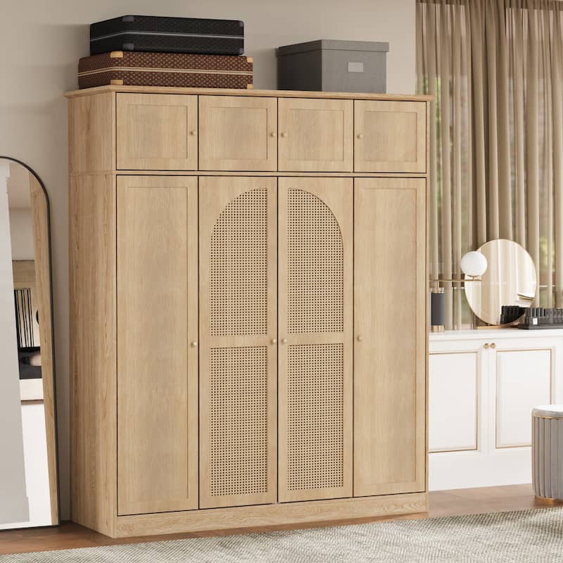 Rattan Decorative Doors Wardrobe Closet with Hanging Rod & Shelves, Large Capacity Armoire Clothing Storage Cabinet