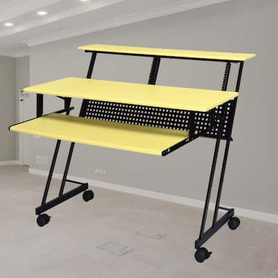 Contemporary Music Recording Studio Desk with Open Metal Frame, Keyboard Tray, and Storage Shelves