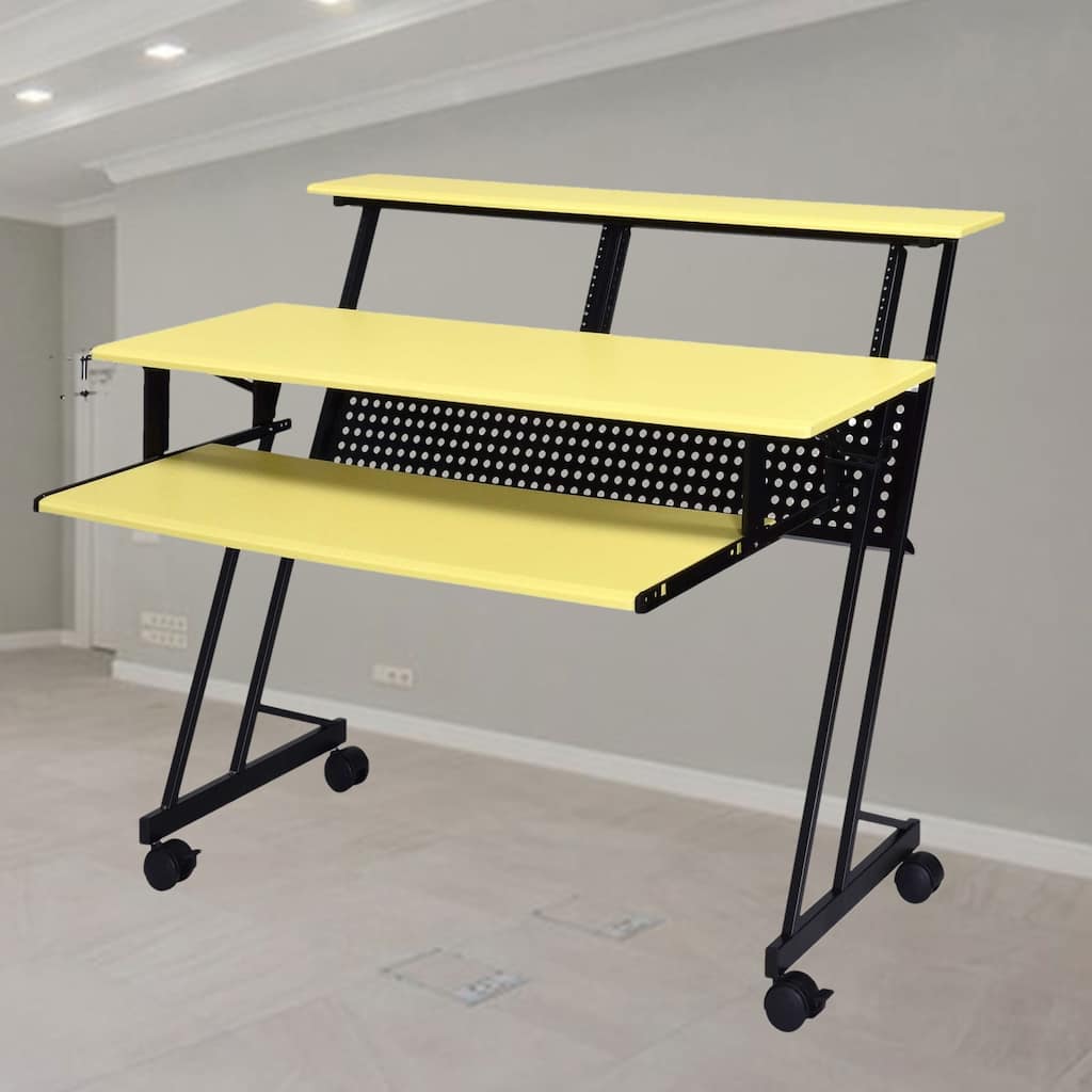 Contemporary Music Recording Studio Desk with Open Metal Frame, Keyboard Tray, and Storage Shelves