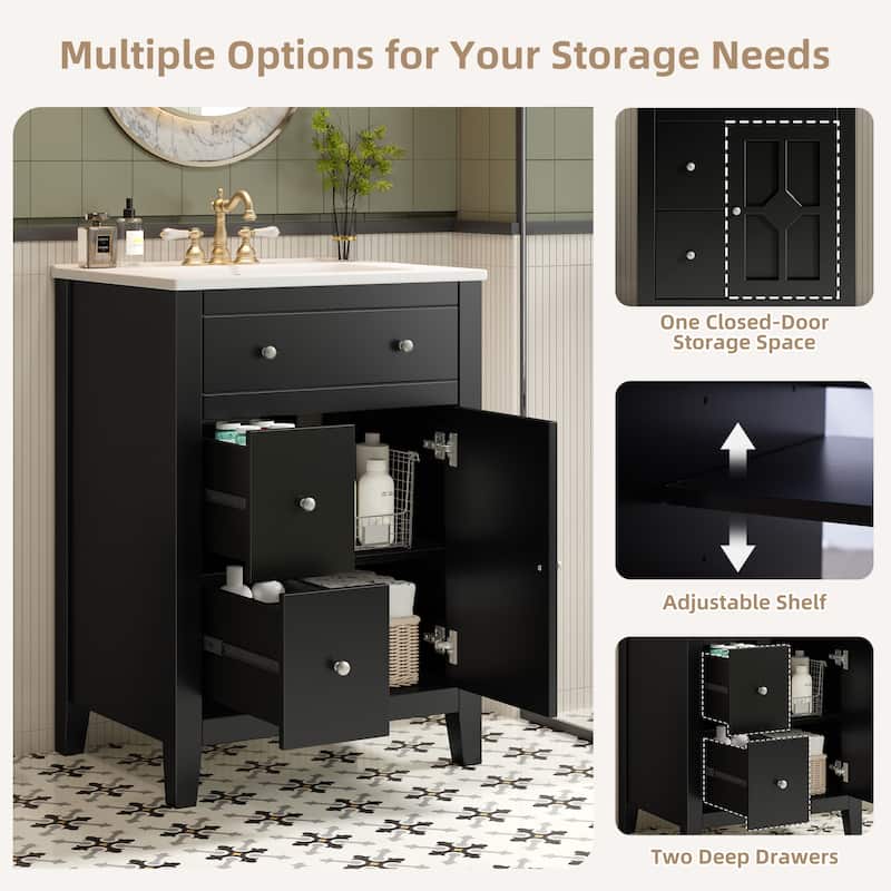 24" Bathroom Vanity with Ceramic Sink, Small Modern Cabinet with 2 Drawers & Adjustable Shelf, Soft-Closing Door