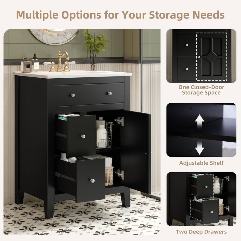 24"Bathroom Vanity With Ceramic Basin, Restroom Basin Cabinet With 2 Drawers,Small Bathroom Cabinet With Soft-Closing Door