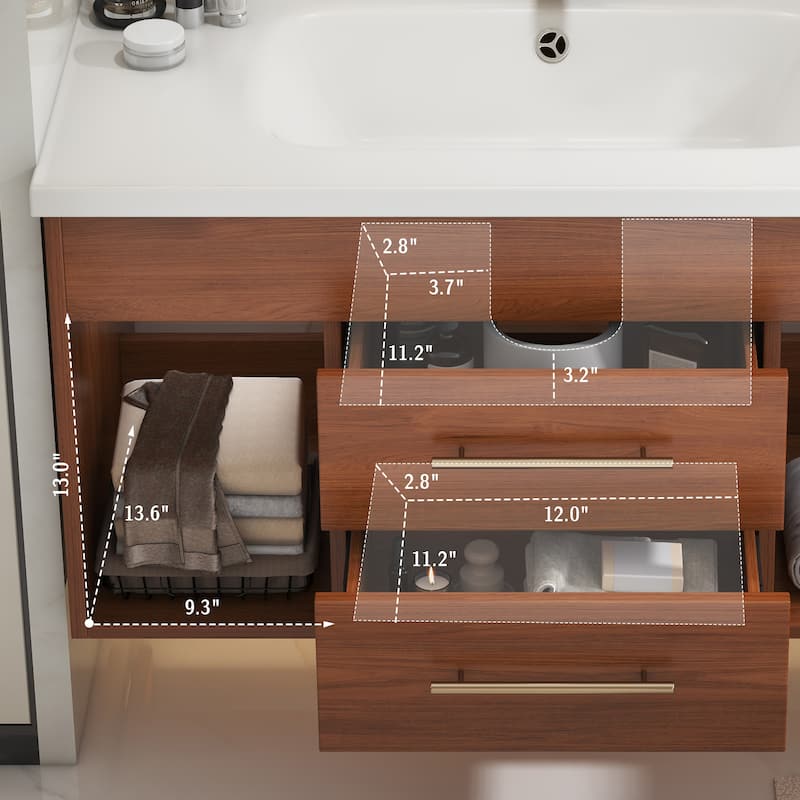 GDFStudio - Luxury 35.4" Floating Sintered Stone Bathroom Vanity with Ceramic Sink & Soft-Close Drawers