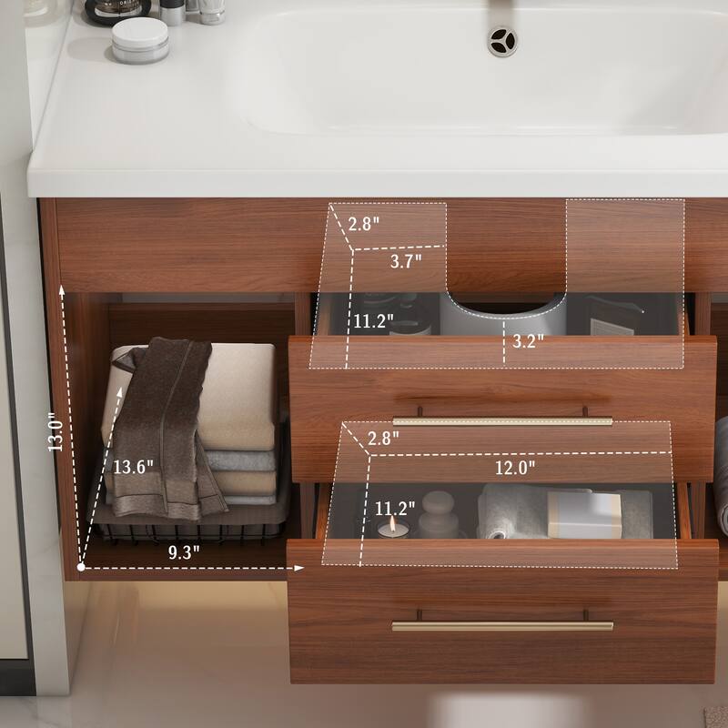 Mid-century Modern Floating Bathroom Vanity with Integrated Ceramic Undermount Sink, Wall-Mounted Single Sink Bathroom Cabinet