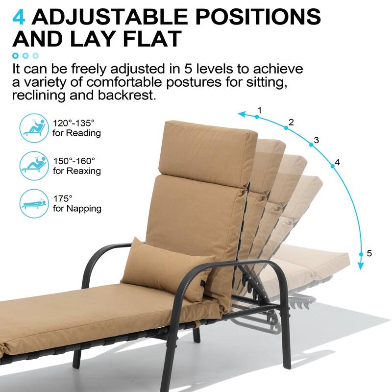Outdoor Premium All-weather Recliner Adjustable Chaise Lounge Chair with Cushion & Pillow