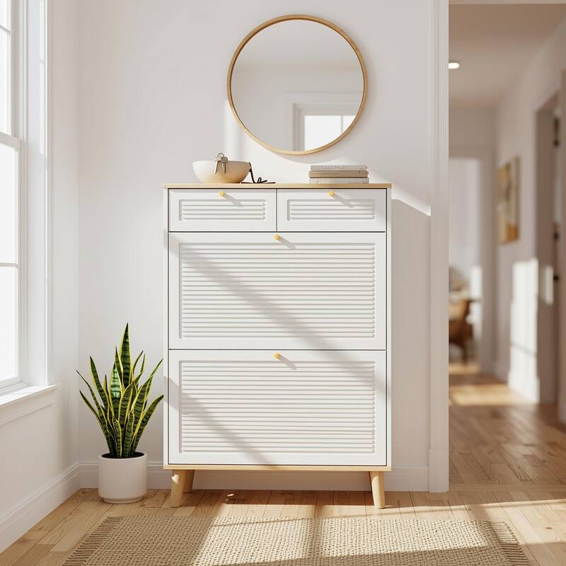 Homy Casa Compact Shoe Storage Bench 2 Flip Doors 2 Drawers, White