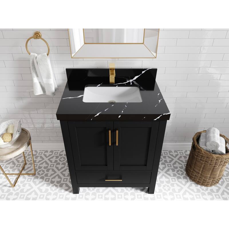 Willow Collections 30 in. W x 22 in. D Malibu Single Sink Bathroom Vanity with Countertop - 2" Calacatta Black - Black