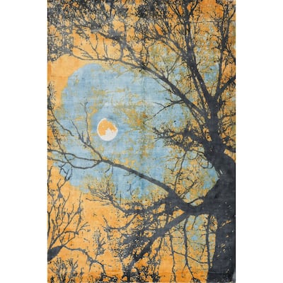 Hand Knotted Oriental Viscose Silk Carpet Modern Pictorial Multi-Colored Abstract Area Rug - 7' 10'' X 5' 9''