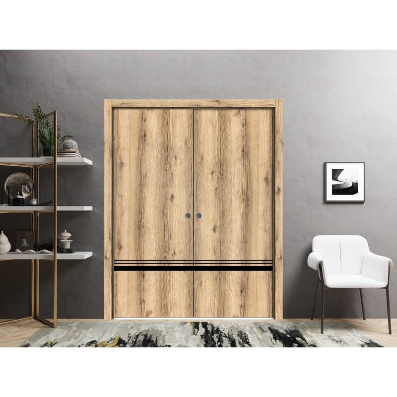 French Double Pocket Doors 36 x 80 Planum 0012 Oak with Kit Trims Rail