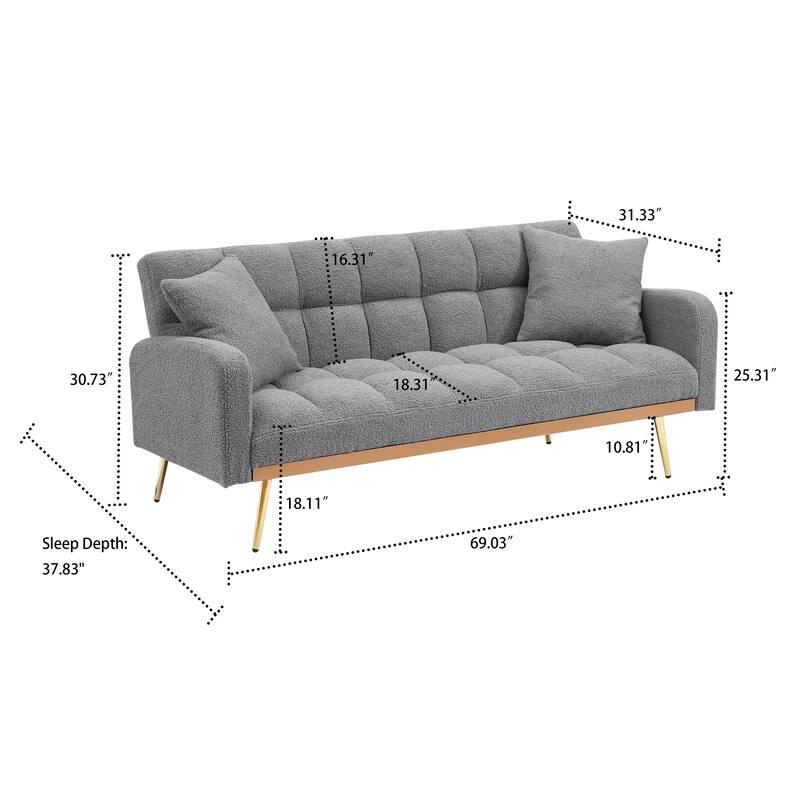 Classic Teddy Fabric Upholstered Convertible Futo Sofa Bed with 2 Throw Pillows