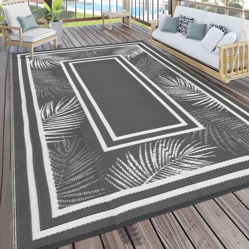 Outdoor Rug Waterproof Plastic Straw Rug Portable Camping Rug Leaves Pattern Outdoor Carpet for RV Porch Deck Camper - 9'x18' - Gray White