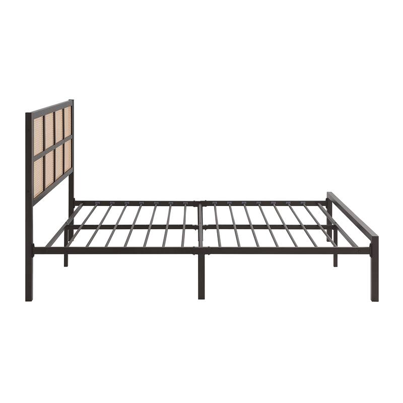 Queen Platform Bed with Faux Cane Headboard, Dark Bronze Metal Frame, No Box Spring Needed