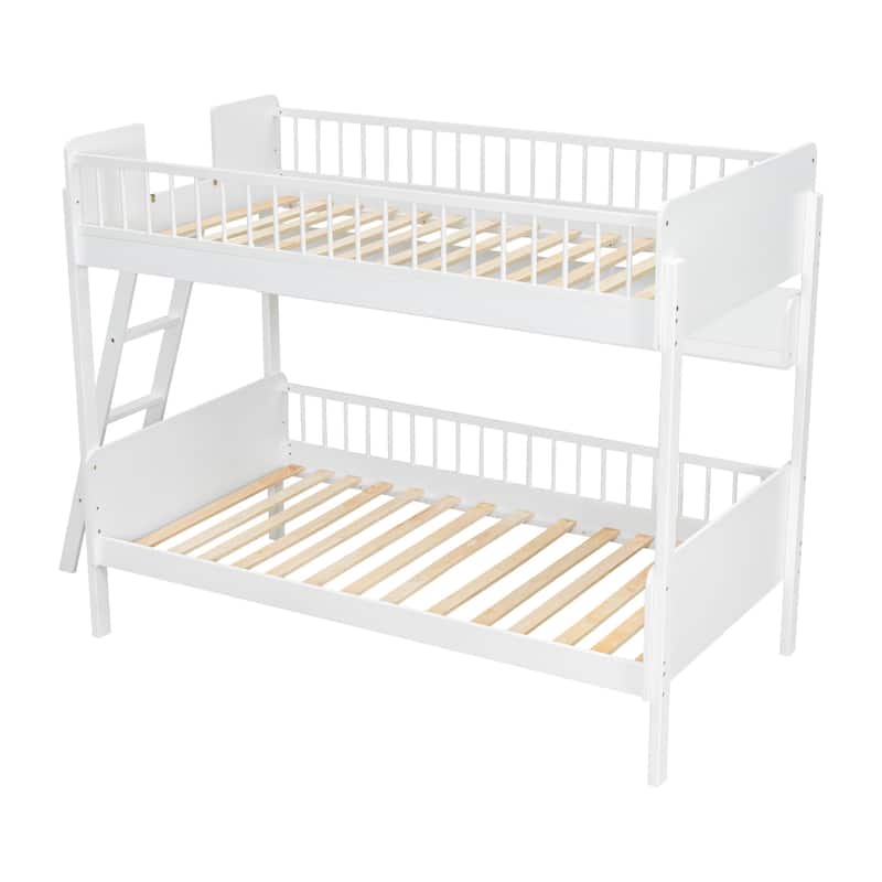 Twin Over Twin Wood Bunk Bed with 3 Storage Shelves, Reversible Ladder