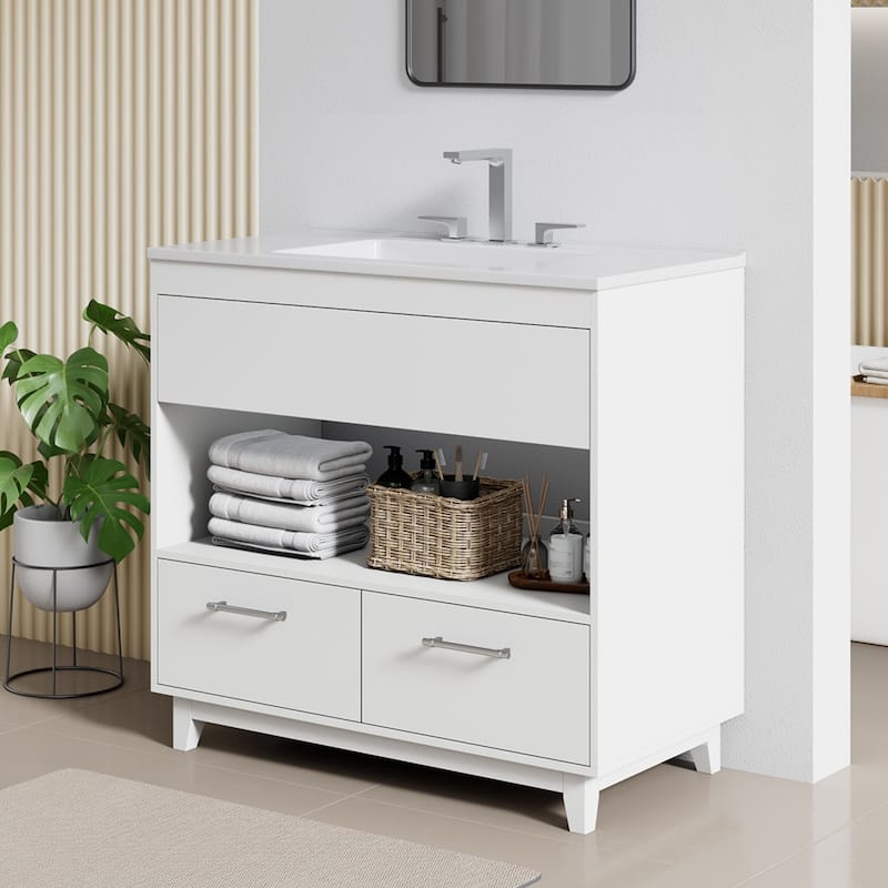 36-in Undermount Single Sink Bathroom Vanity with White Polymarble Top - White