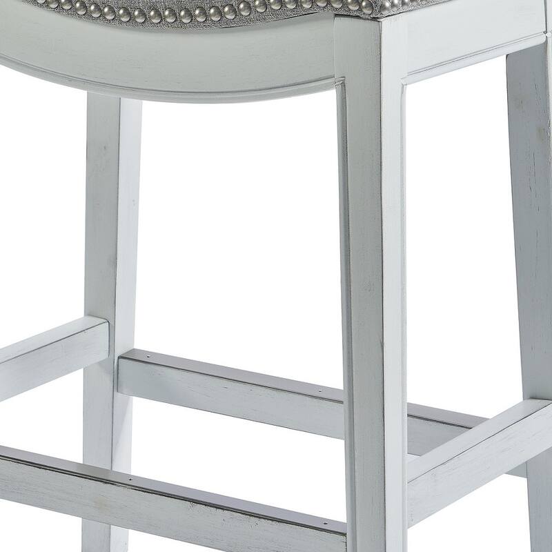 Linen Saddle Seat Bar Stool with Nail Head Trim and Footrest