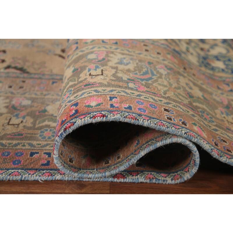 Vintage Distressed Mashad Persian Area Rug Hand-knotted Wool Carpet - 7'11" x 11'1"