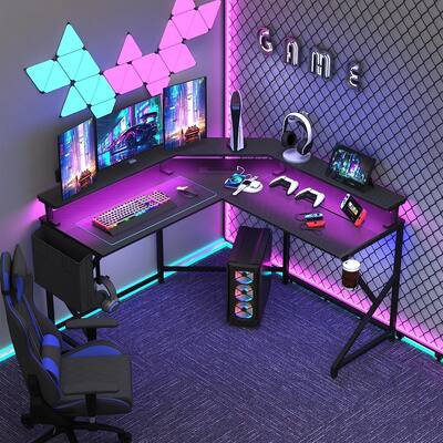 L Shaped Gaming Desk with LED Lights & Power Outlets, 51" Computer Desk with Monitor Stand, Cup Holder, Home Office Desk