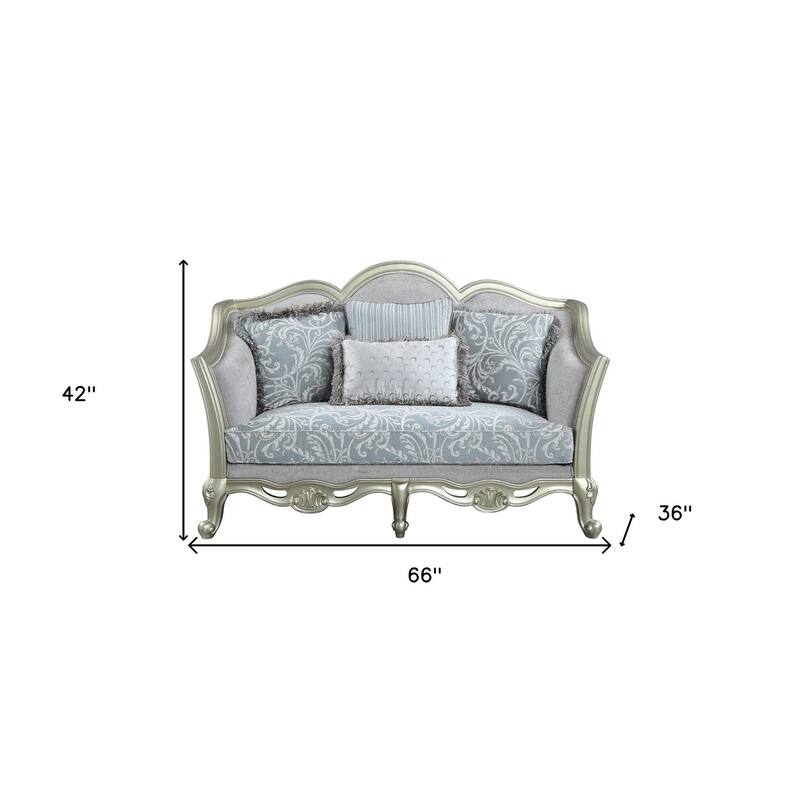 HomeRoots 66" Light Gray And Champagne Linen Damask Loveseat and Toss Pillows - 66.00 in. x 42.00 in. x 36.00 in.
