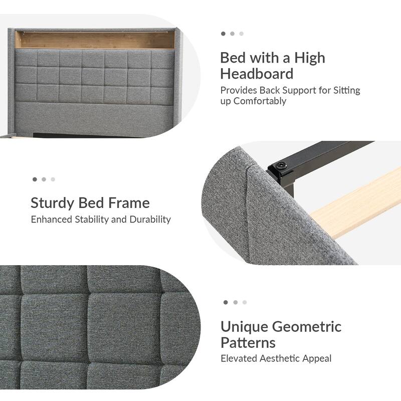 Celia Modern 61.5" Geometric Pattern Bed with Storage Headboard and Warm Night Light by HULALA HOME
