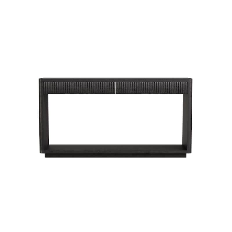 60" Modern 2-Drawer Fluted Console Table Natural Wood Veneer Sofa Table Behind Couch Table for Living Room