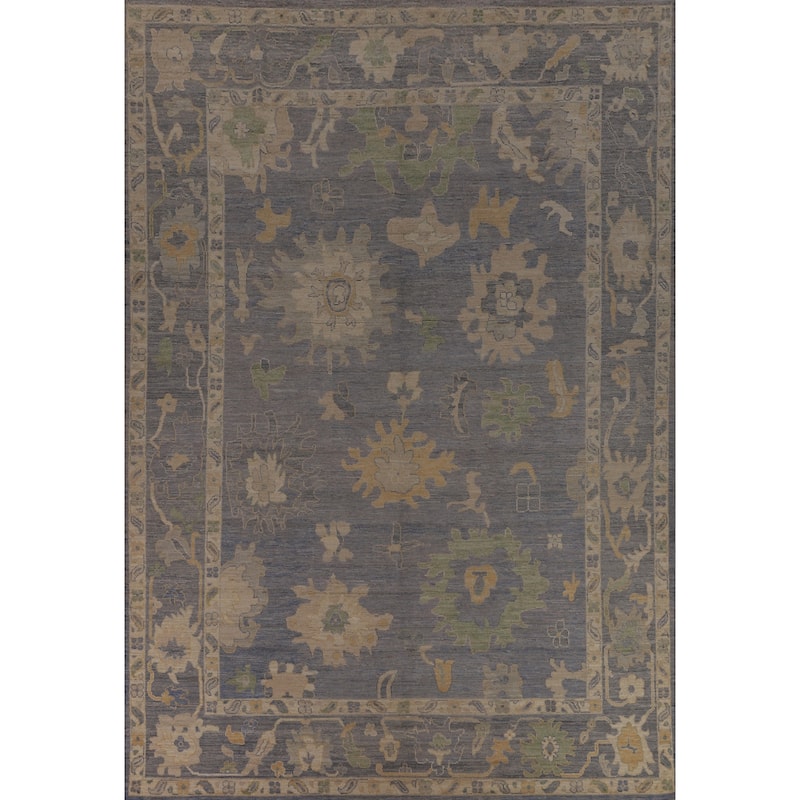 Blue Floral Oushak Turkish Large Rug Hand-Knotted Wool Carpet - 9'11"x 14'0"
